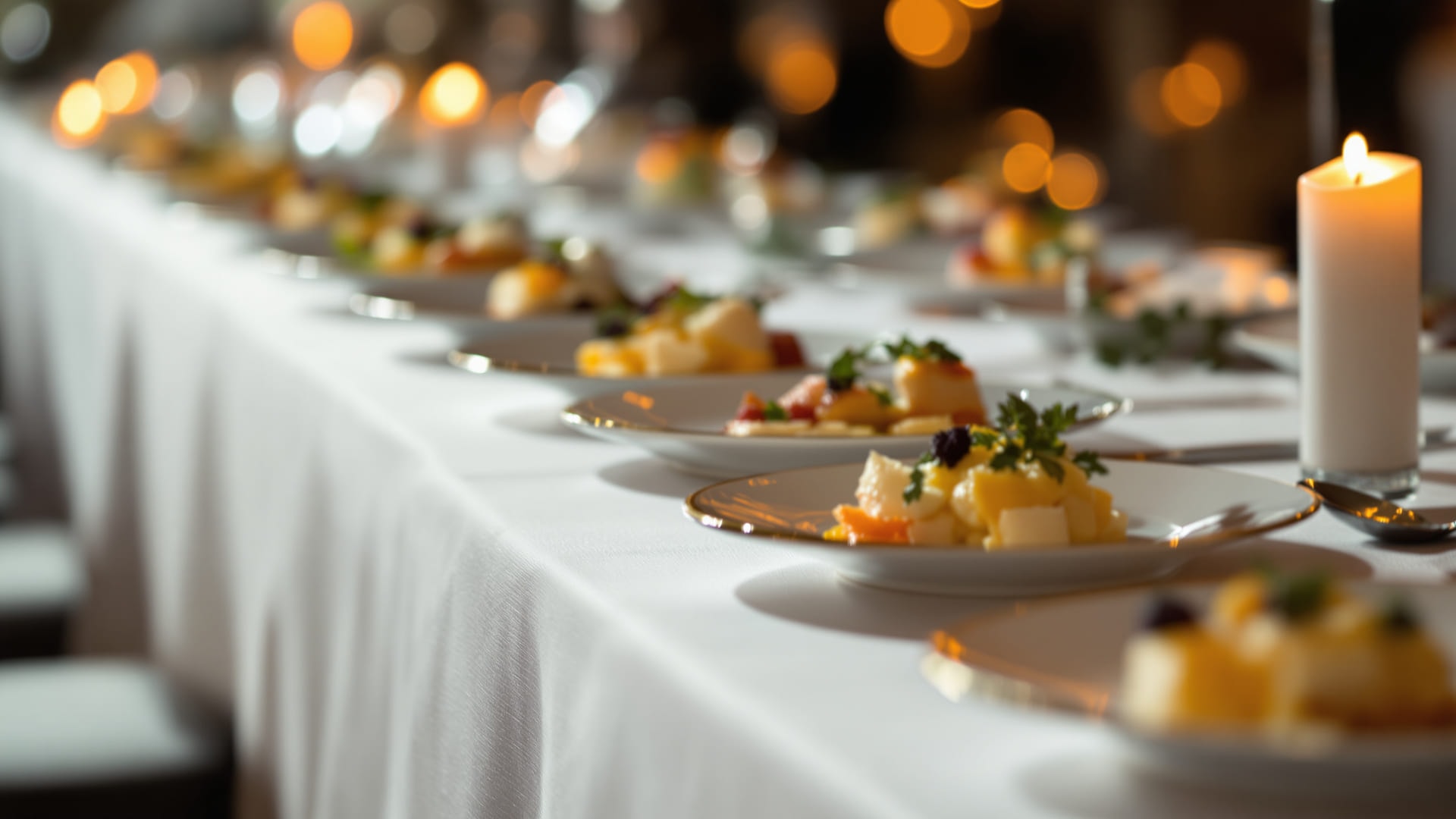 A row of plated canapes on a banquet table at a benefit dinner