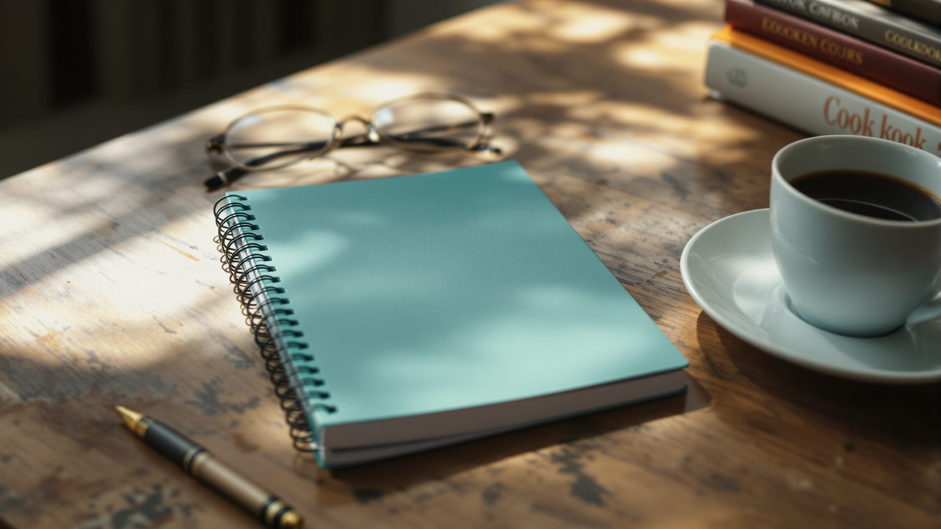 A reporter's notebook, pen and coffee on a wooden desk