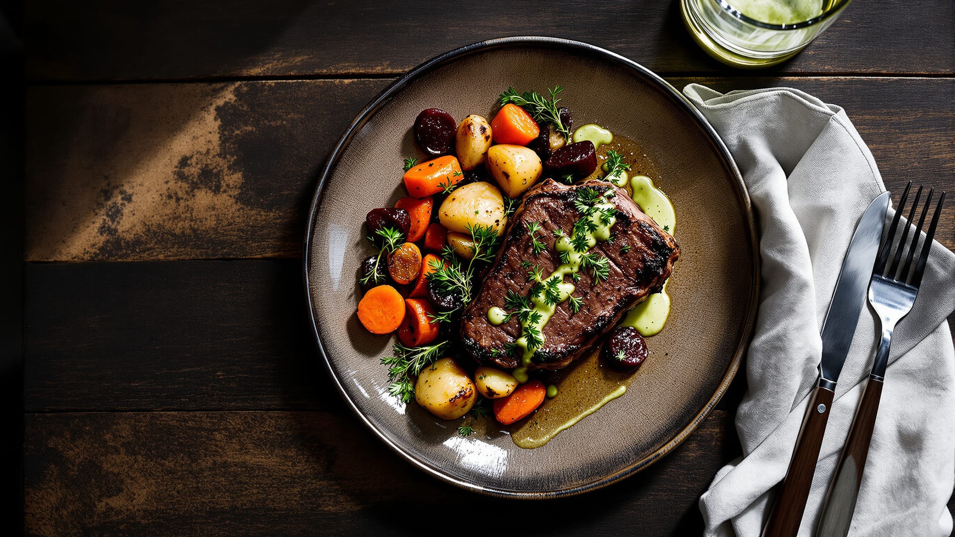 A rustic Canadian plate of roasted vegetables and seared meat