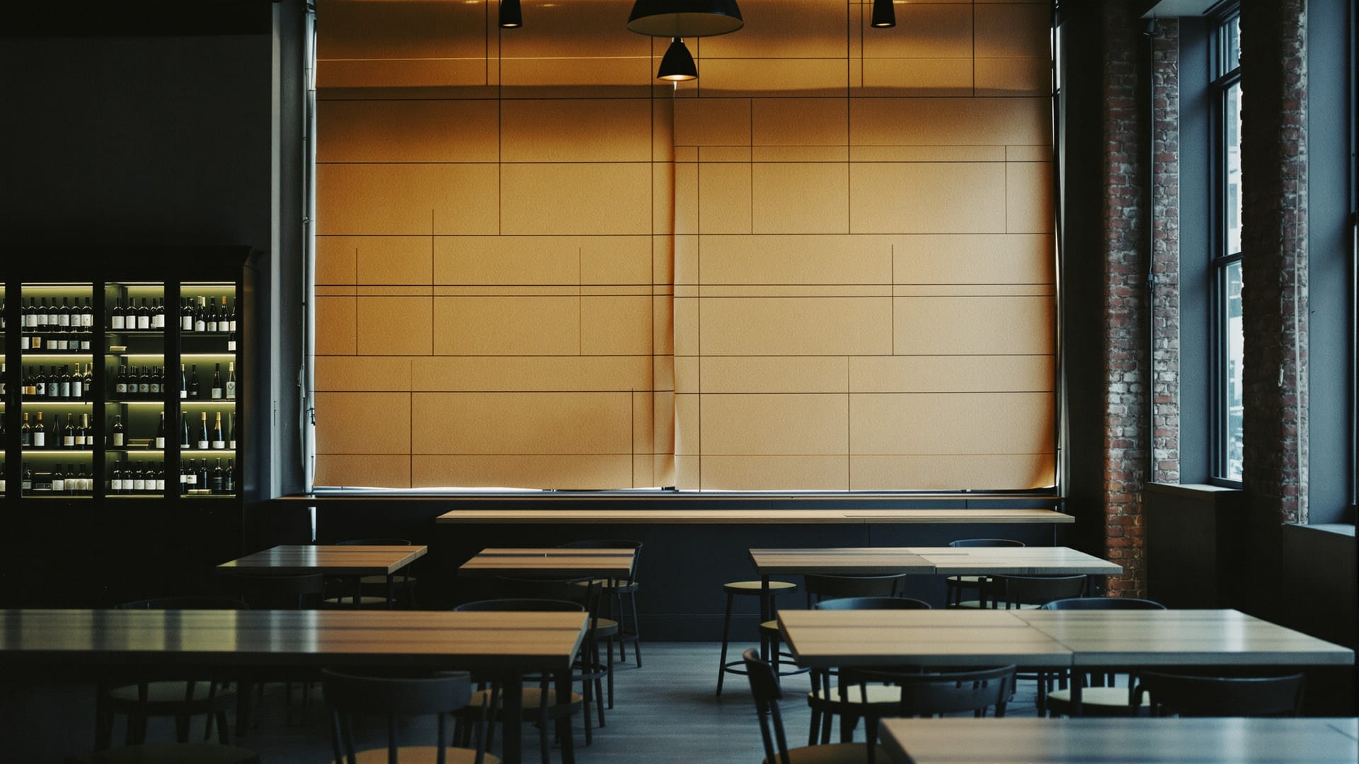 An emptied restaurant dining room with papered-over windows