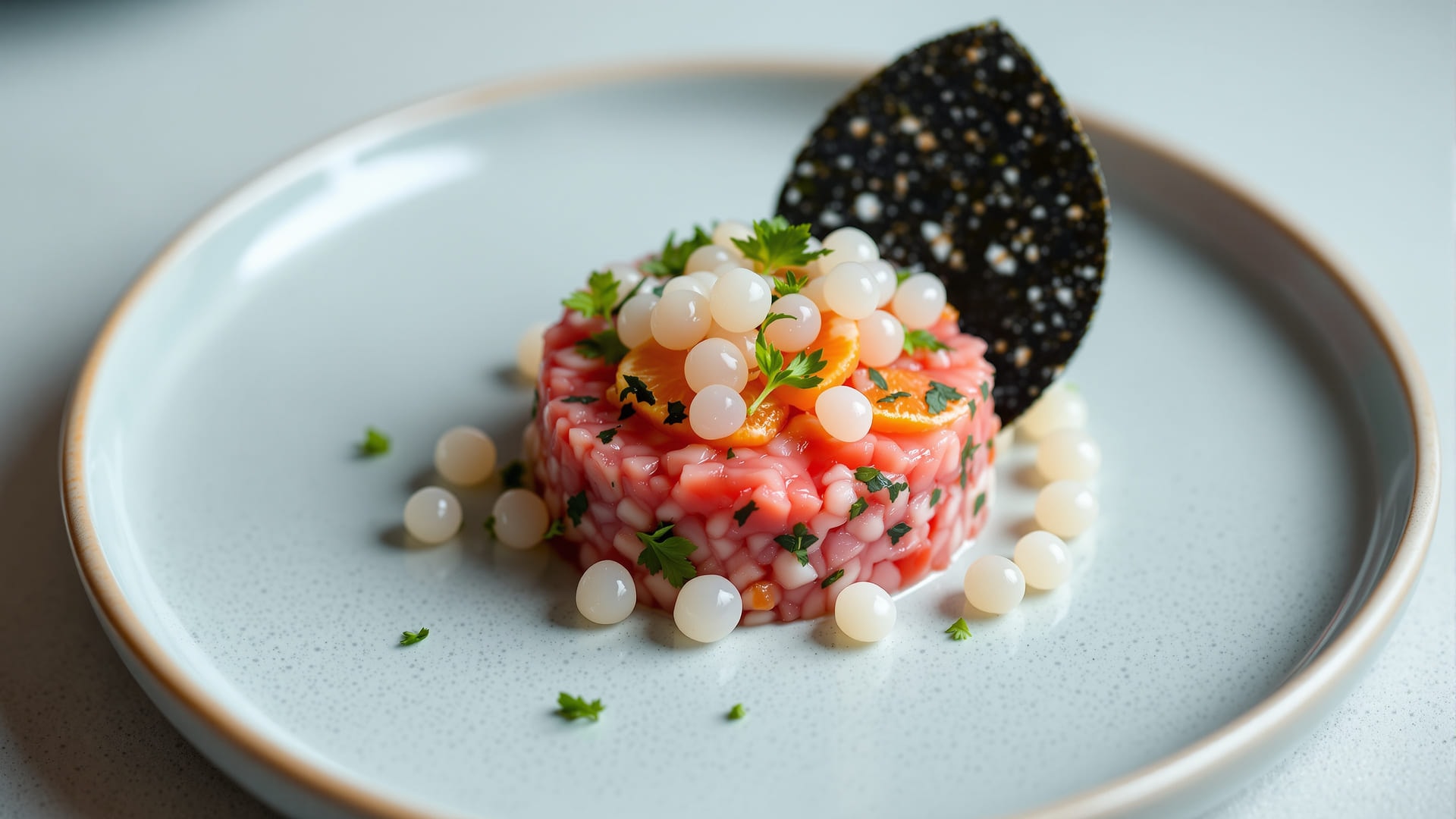 Tuna tartare with a seaweed tuile studded with tapioca pearls