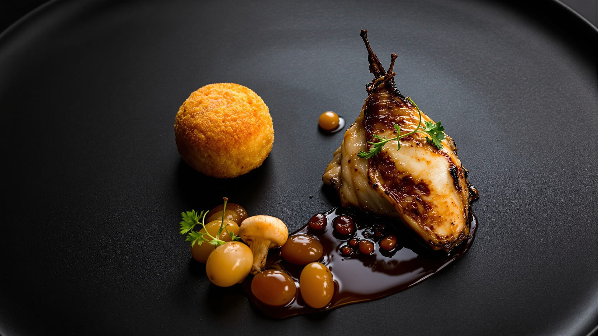 A competition plate of quail with croquette, mushrooms and confit grapes
