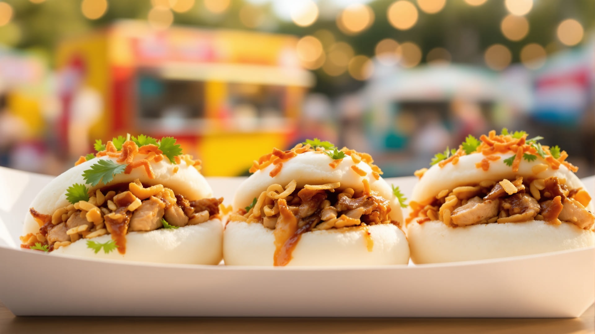 Steamed bao buns filled with pulled pork at a food truck rally