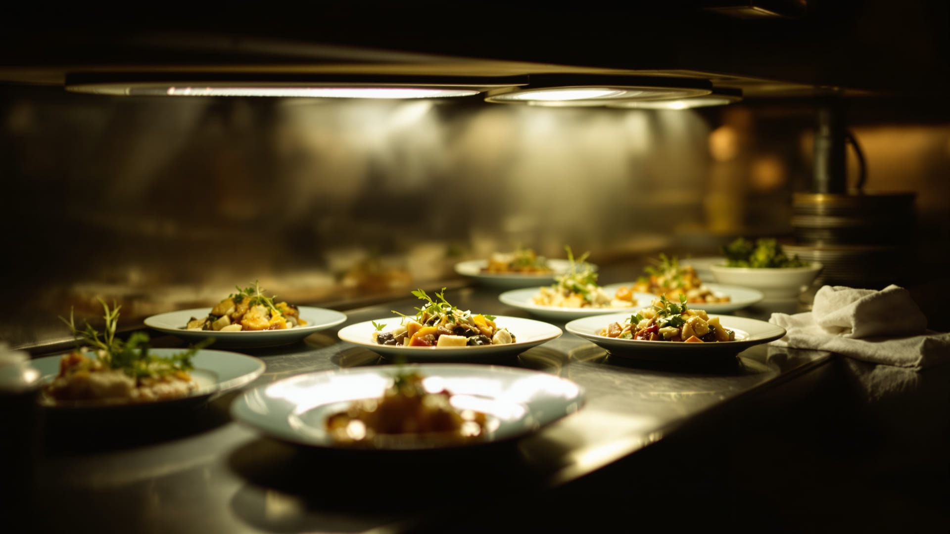 Finished plates waiting under heat lamps on a restaurant pass