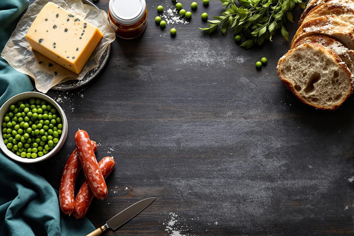 Overhead still life of Eastern Ontario cheese, charcuterie and preserves