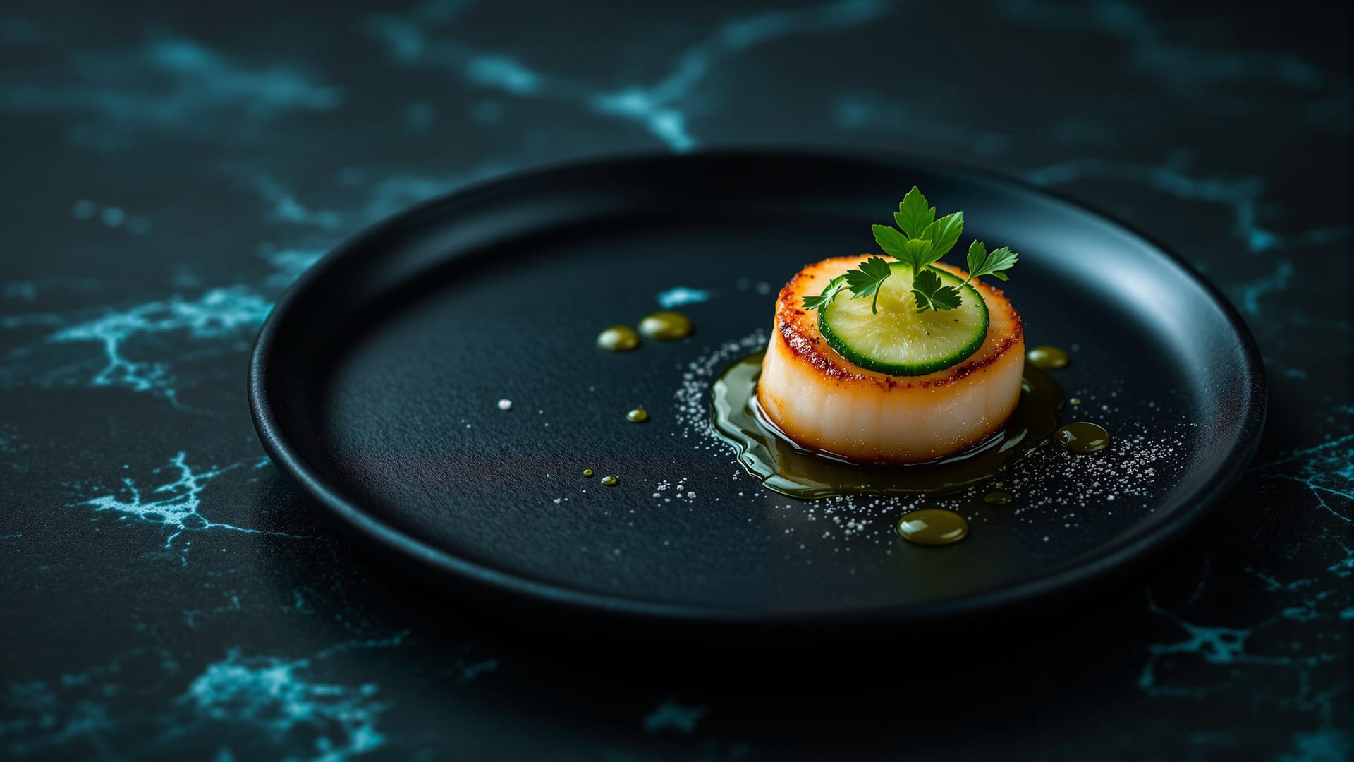 A small plate of scallop and cucumber on dark slate