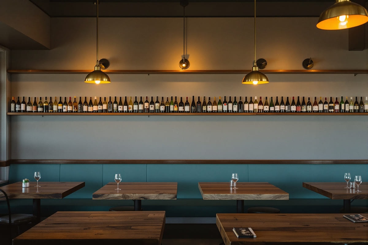 A neighbourhood wine bar dining room before service