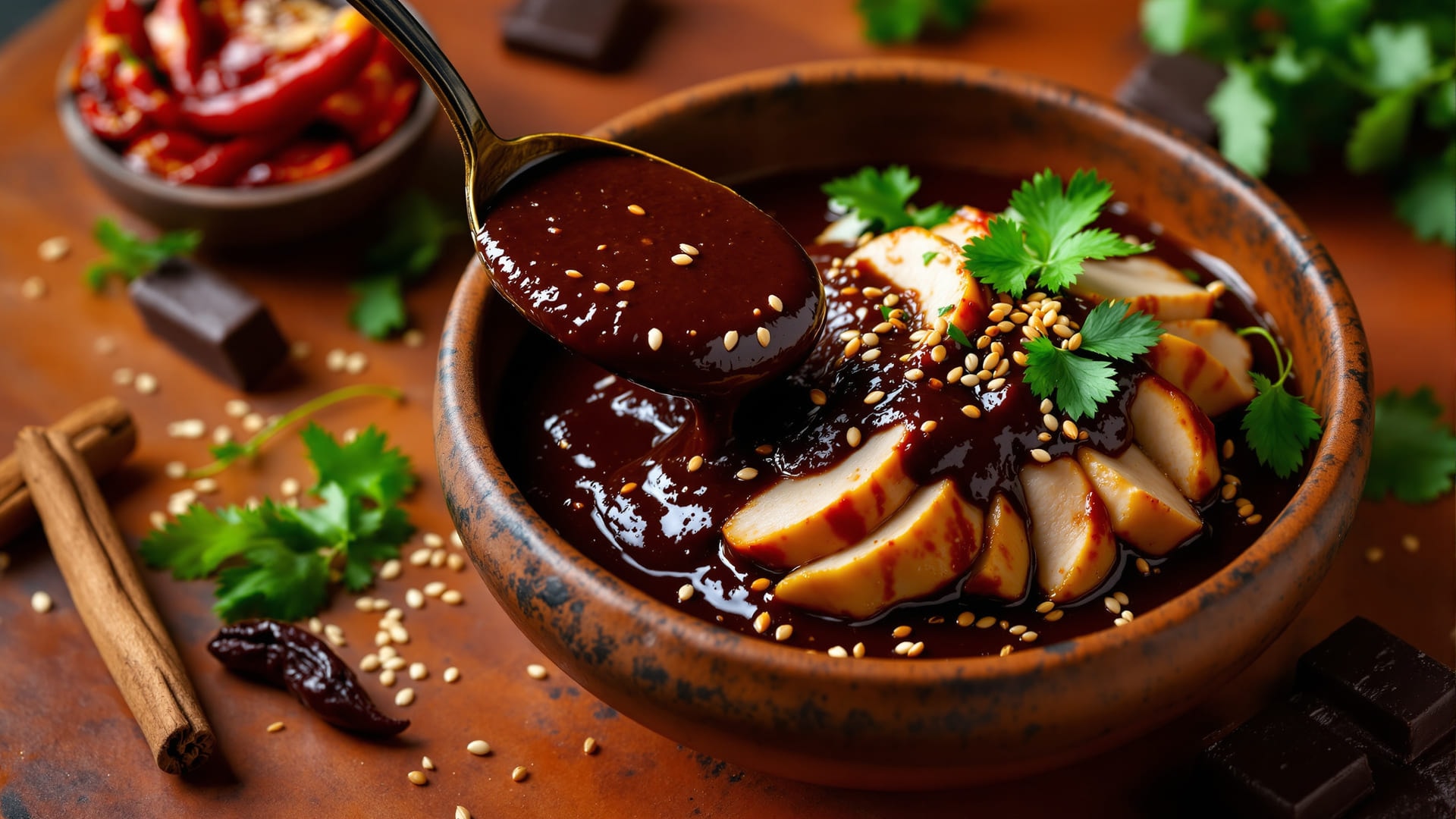 Dark mole sauce over poultry with dried chillies and sesame seeds