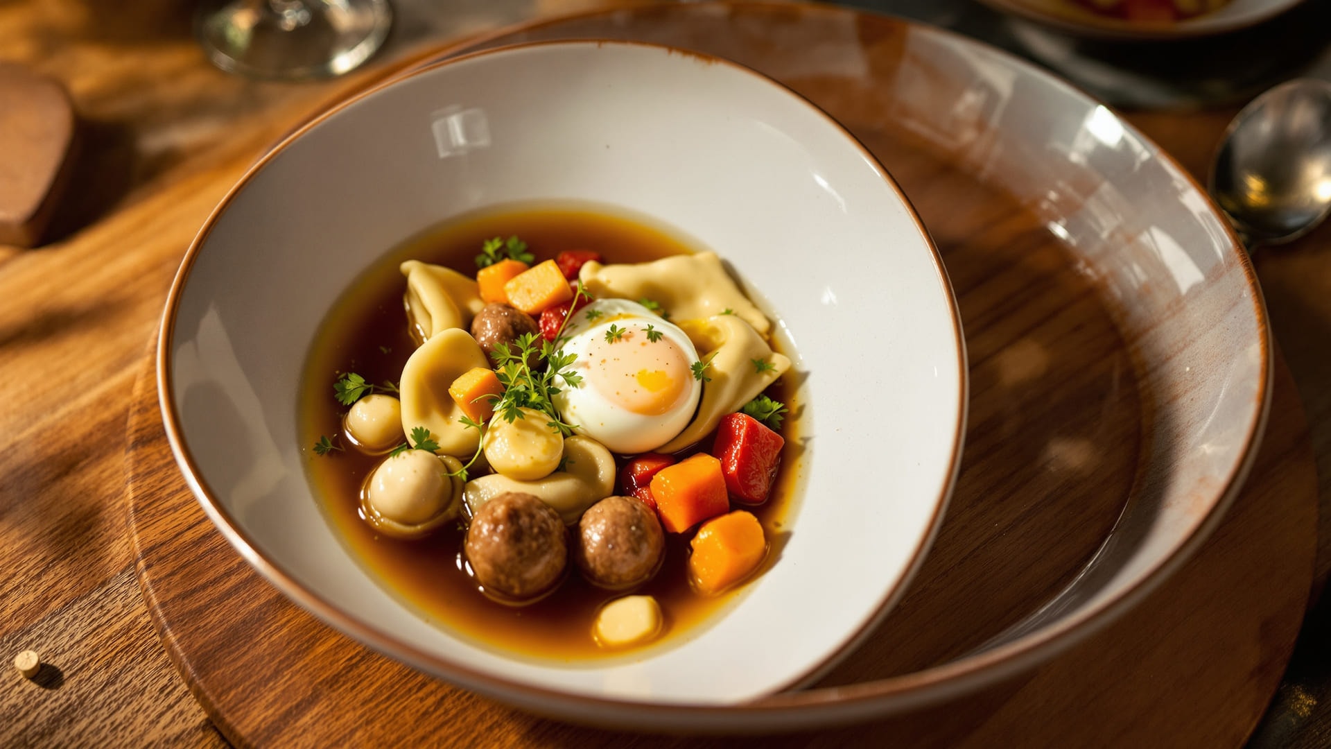 Italian wedding soup with duck consomme, meatballs and a quail egg