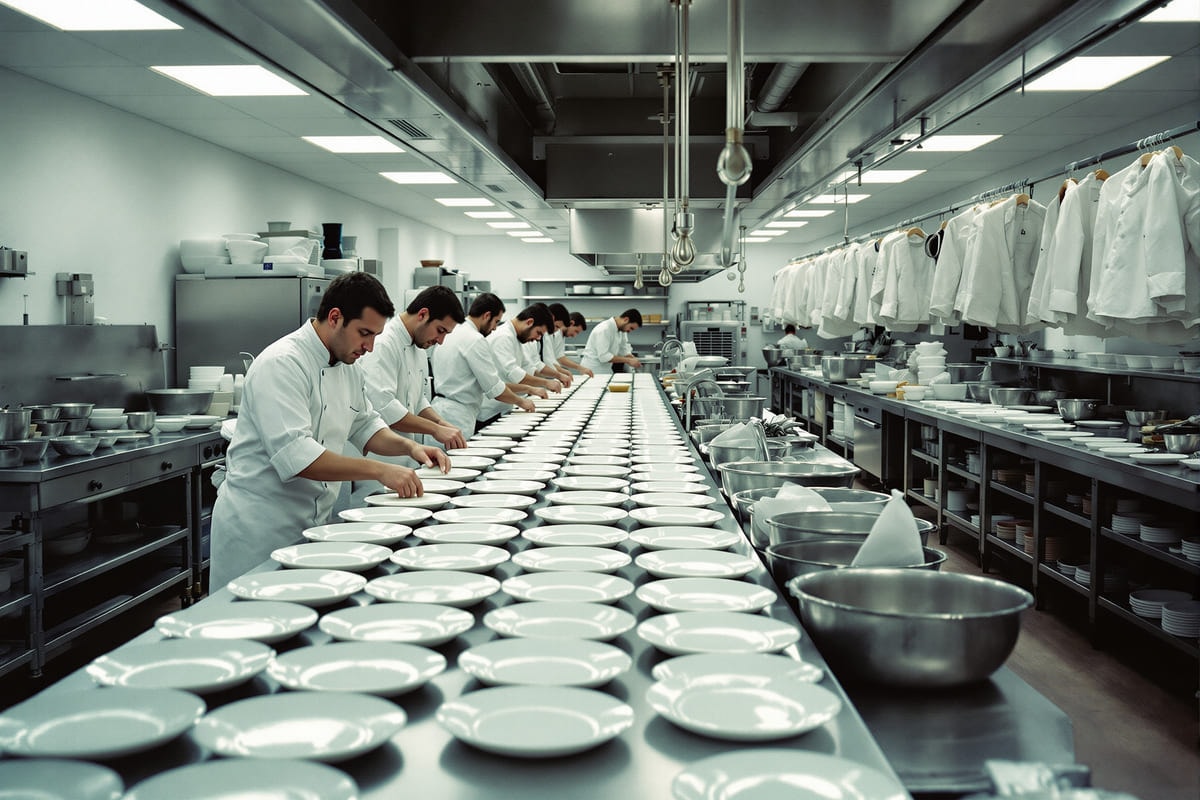 Plates being assembled on the pass of a teaching kitchen