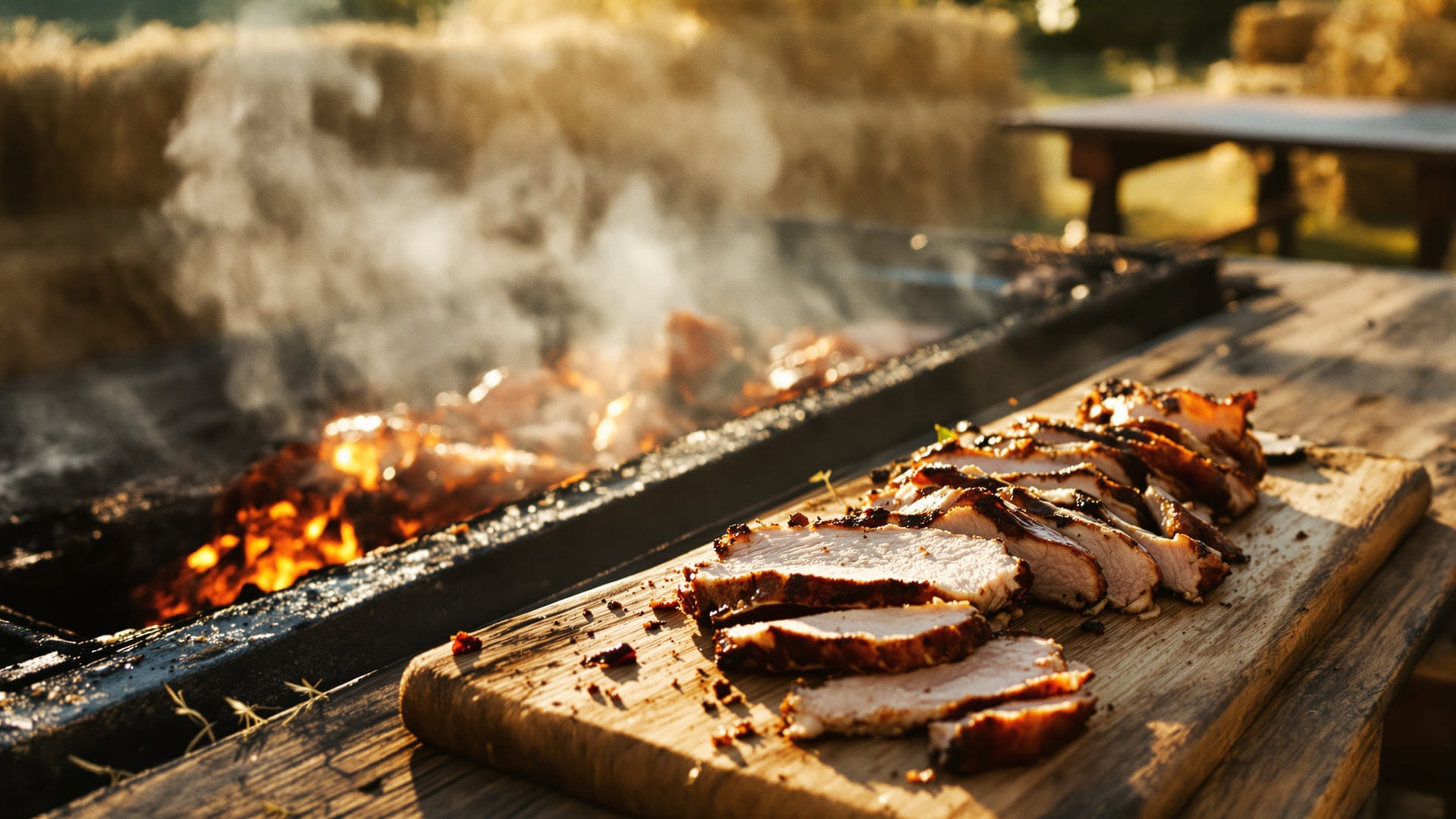 Sliced roast pork and crackling beside an open pit barbecue