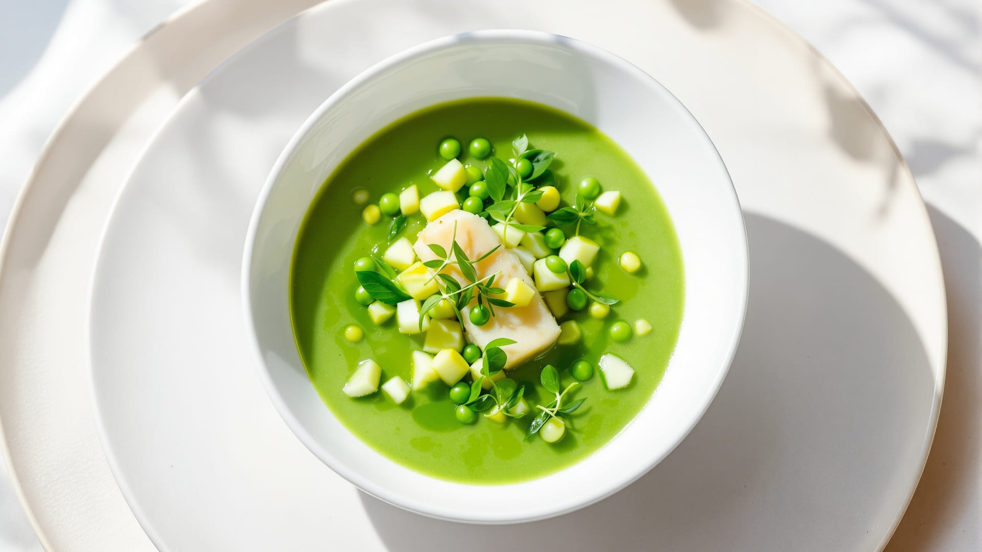 Halibut ceviche served on chilled green pea soup
