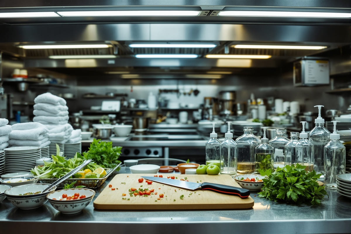 A crowded restaurant prep station set up for service