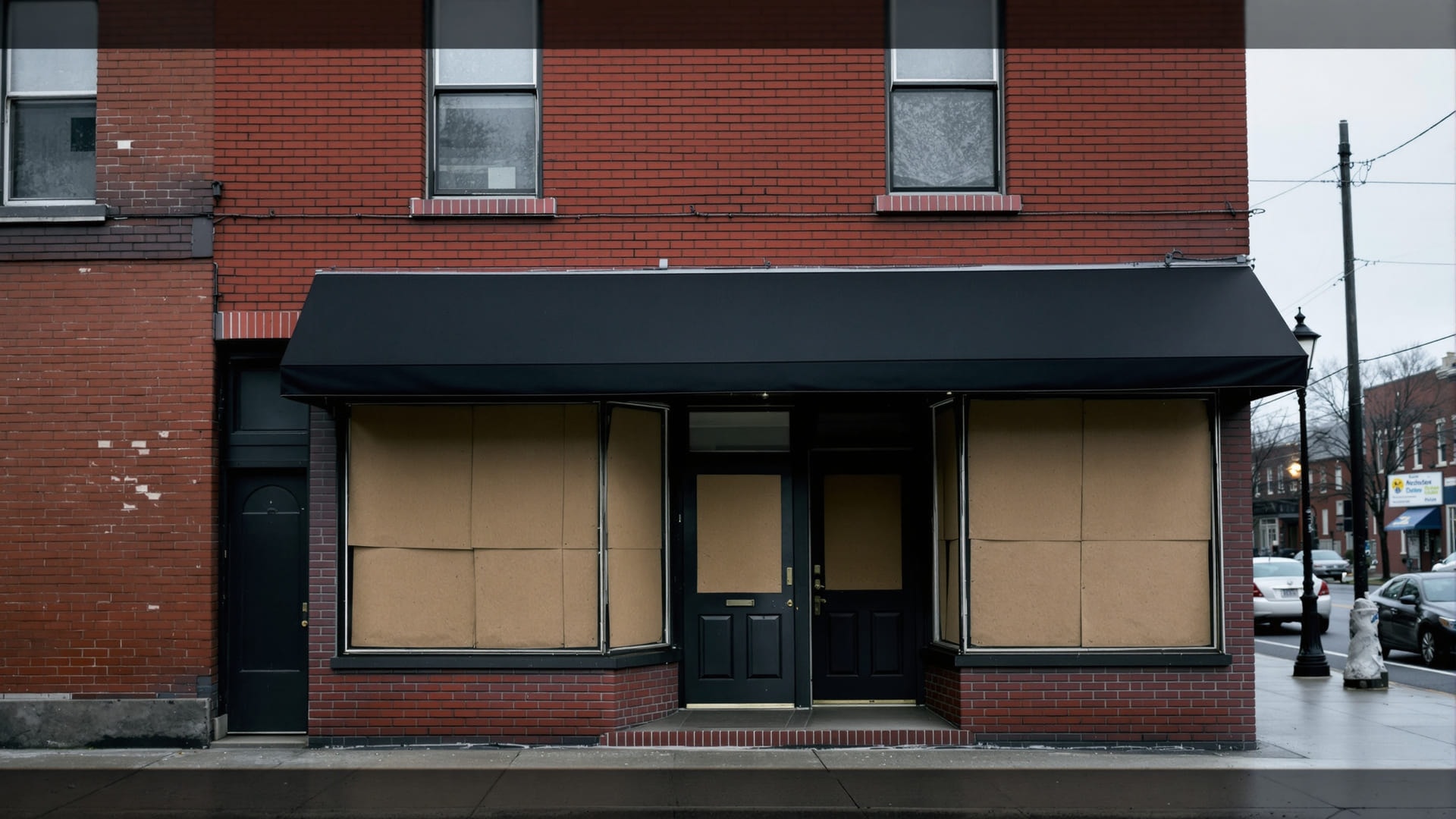 A red-brick storefront with papered windows and a black awning