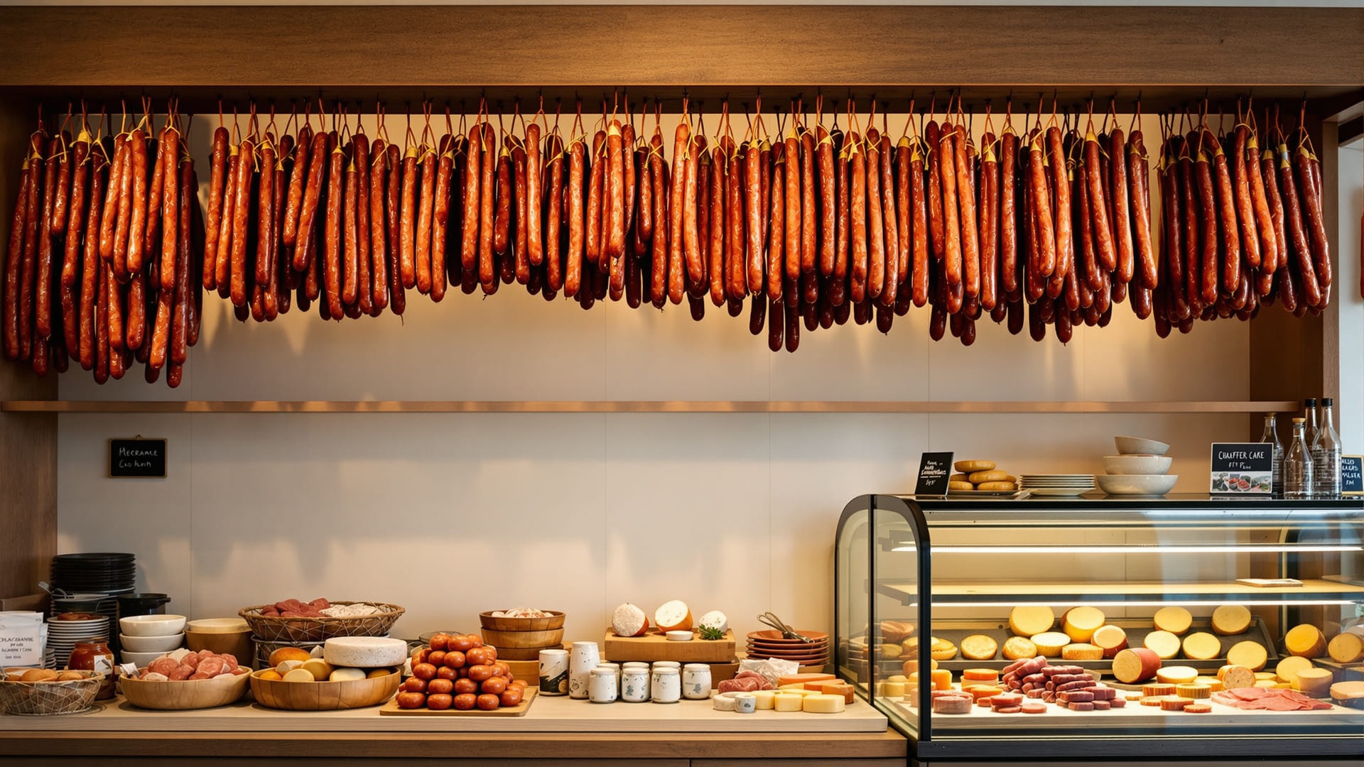 Cured sausages and cheeses in an artisan charcuterie shop