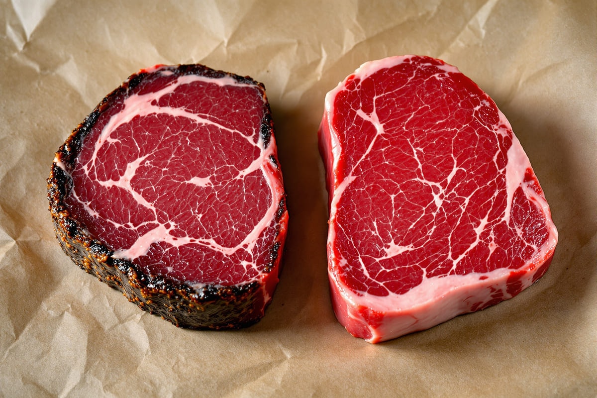 Dry-aged and freshly cut beef steaks side by side