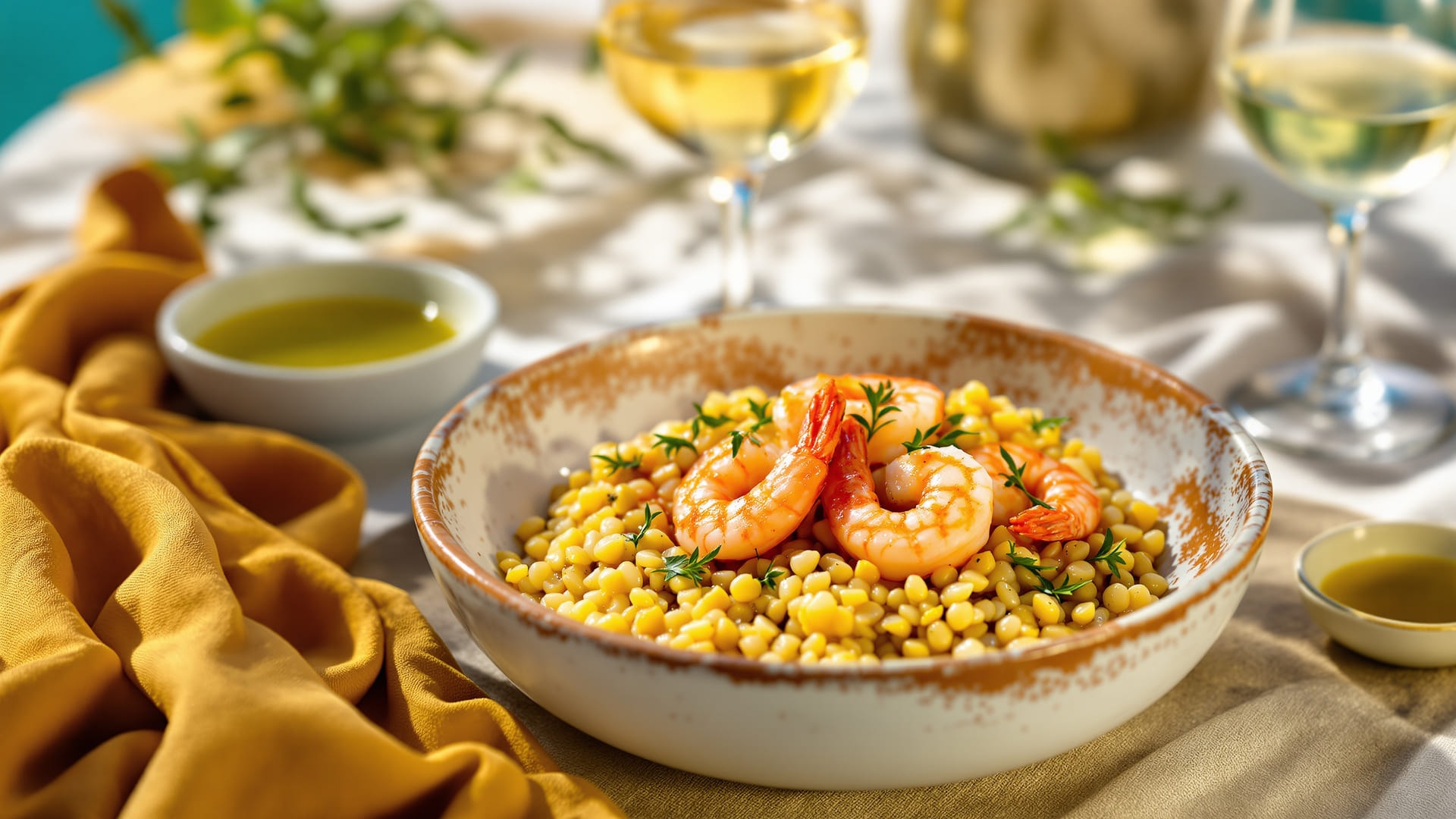 Sauteed shrimp over saffron barley and fennel pilaf