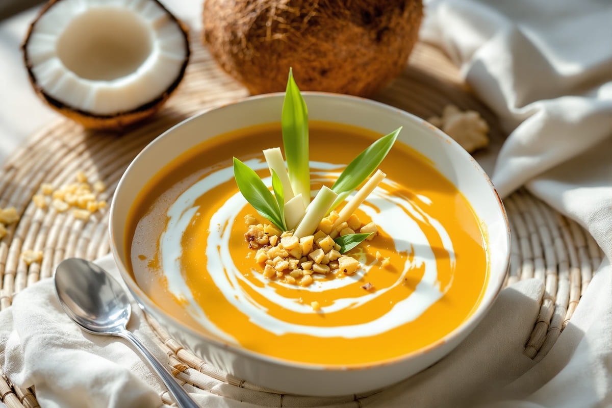 Pumpkin coconut lemongrass soup with coconut cream swirl